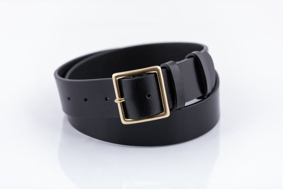 men's dress belt unique buckle minimalist square sculptural titanium 32mm Classic Square Buckle Belt — Black Leather 23-24 / SILVER / Black Leather