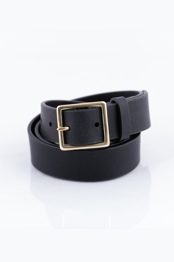 Silver square solid brass buckle (short) - black leather belt